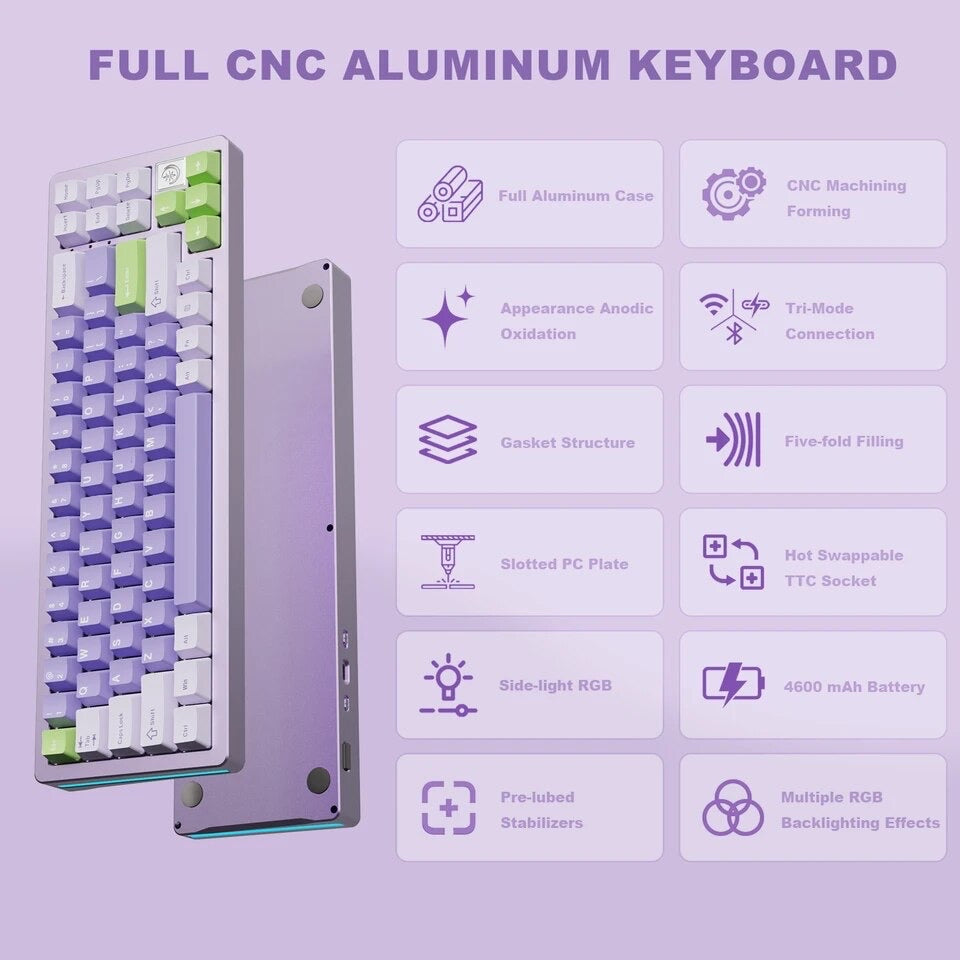 YUNZII-Teclado Mecanico AL71 Purple 68% Aluminio, inalámbrico